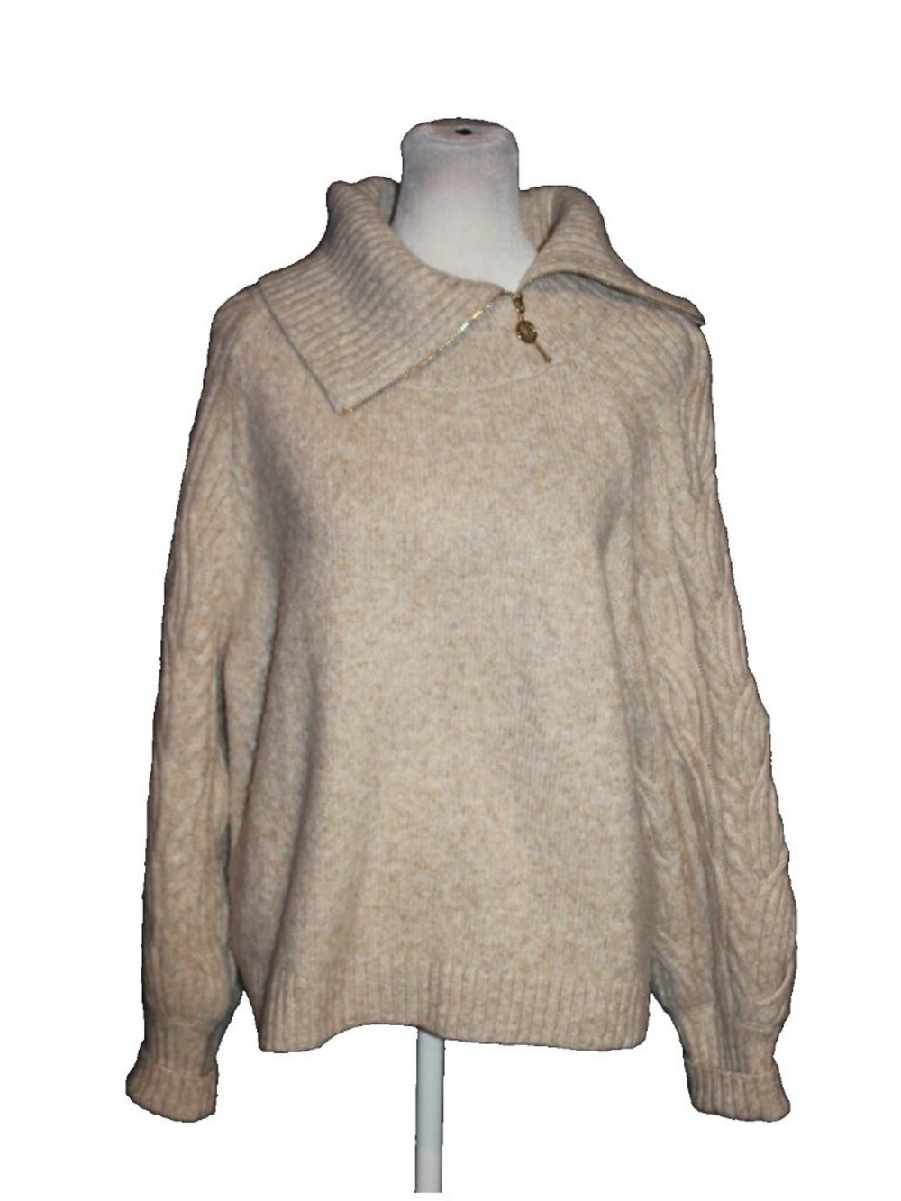 WHBM Zip Mock Neck Sweater Cable Knit Oatmeal Wool Blend Shoulder Cut-Out Size M